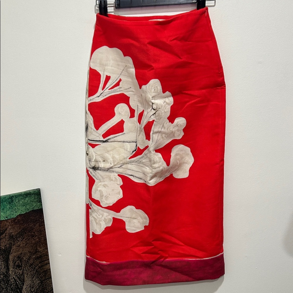 Zara Red Pencil Skirt with Cream Floral Print